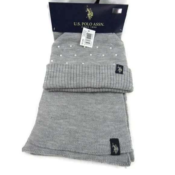 U.S. Polo Assn. Women's Simulated Pearls Knit Hat & Scarf Set Gray One Size New - Picture 6 of 6